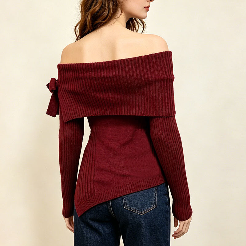 Asymmetric Hem Bardot Rib Knit Top - Red - 3