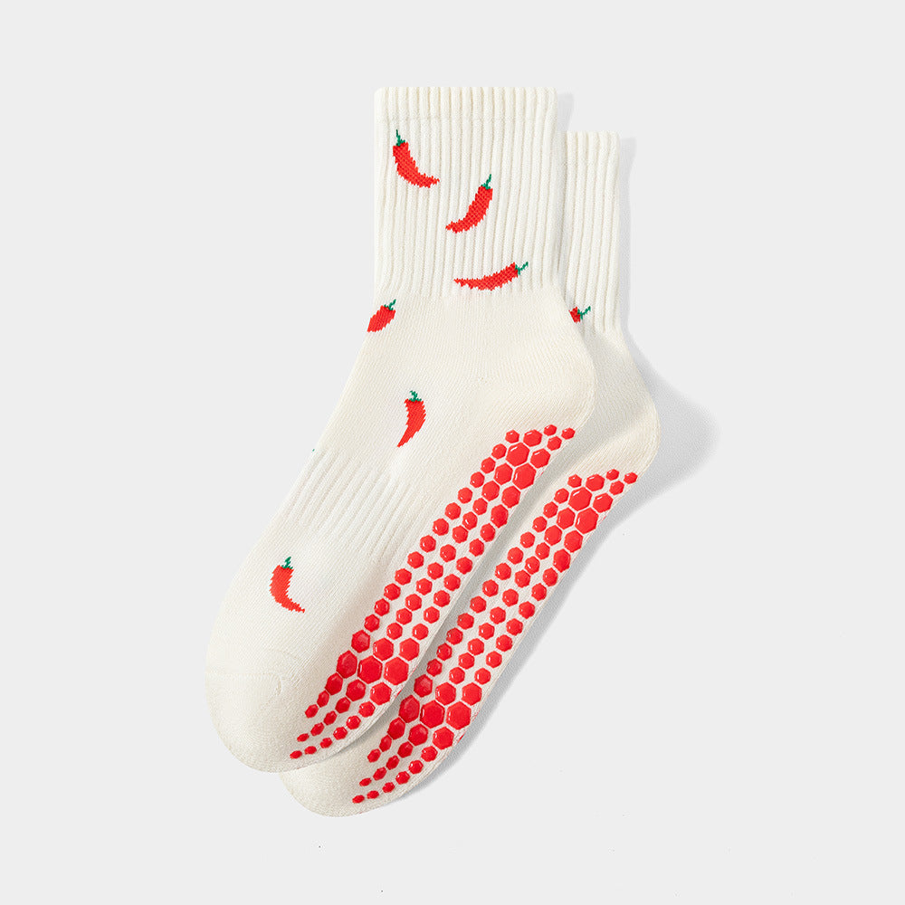 Fun Print Grip Socks with Ruffled Cuff - Chili
