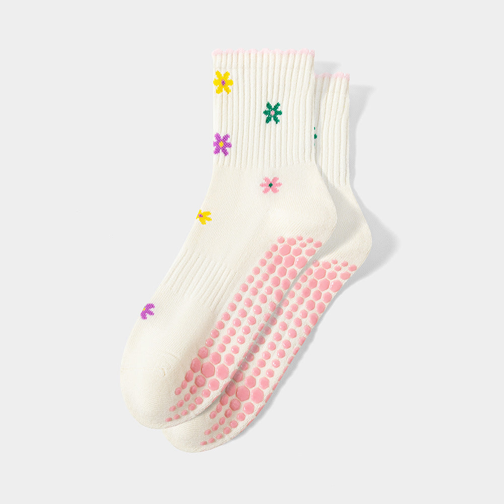Fun Print Grip Socks with Ruffled Cuff - Floral