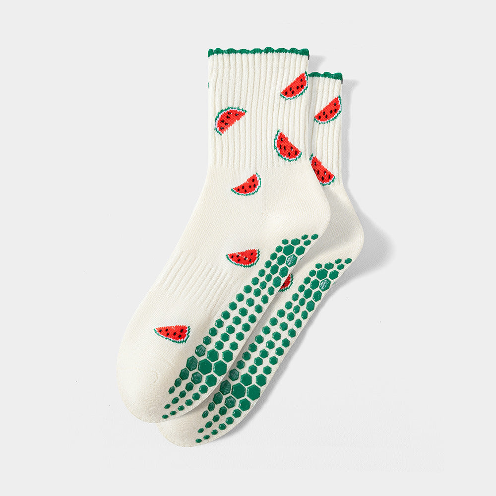 Fun Print Grip Socks with Ruffled Cuff - Watermelon