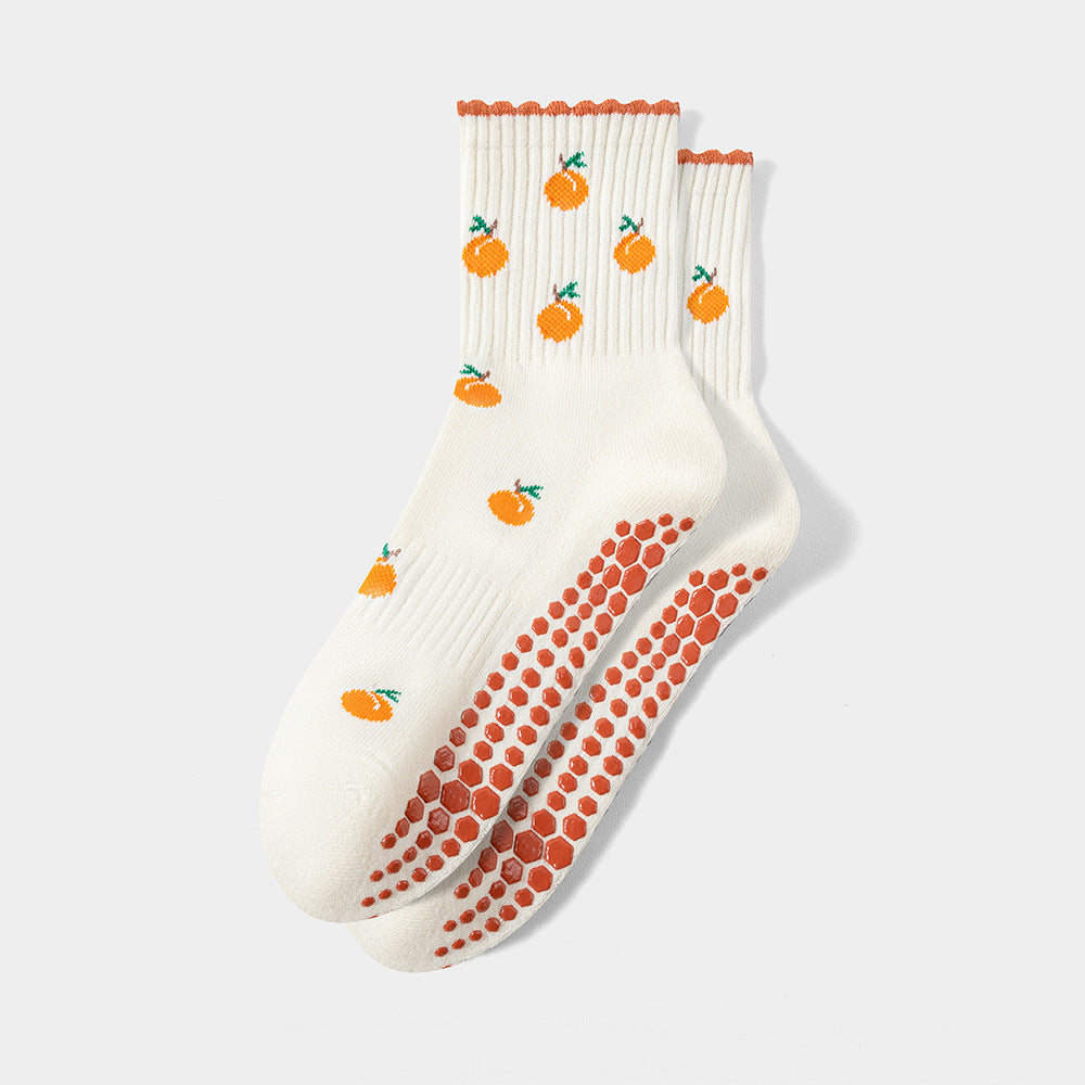 Fun Print Grip Socks with Ruffled Cuff - orange