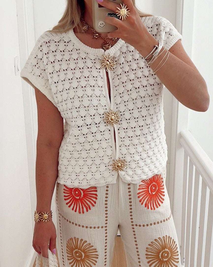 Crochet Knit Cap Sleeve Button Cardigan - White