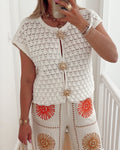 Crochet Knit Cap Sleeve Button Cardigan - White