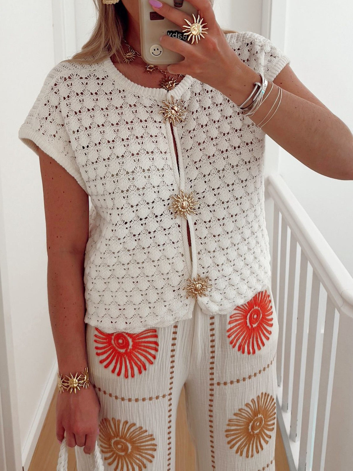 Crochet Knit Cap Sleeve Button Cardigan - White - 1