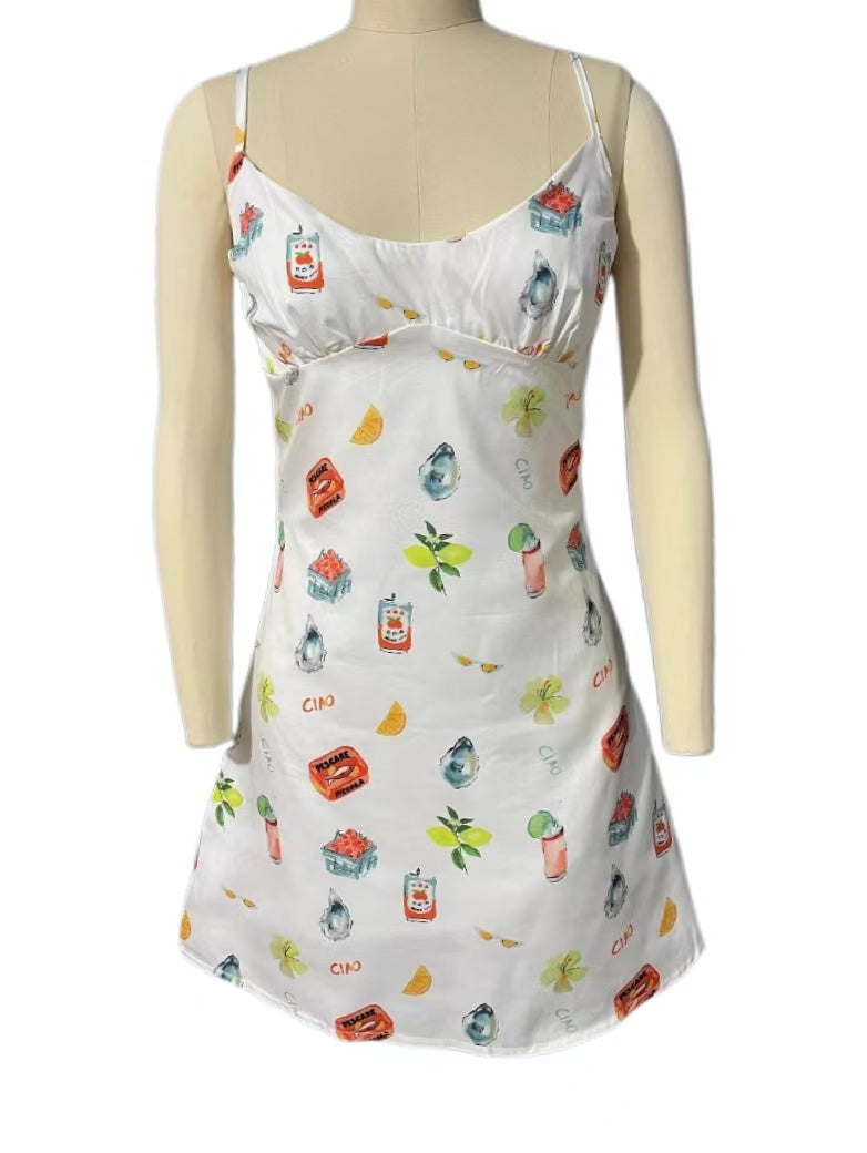 Cocktail Print Strappy Mini Slip Dress - white - 1