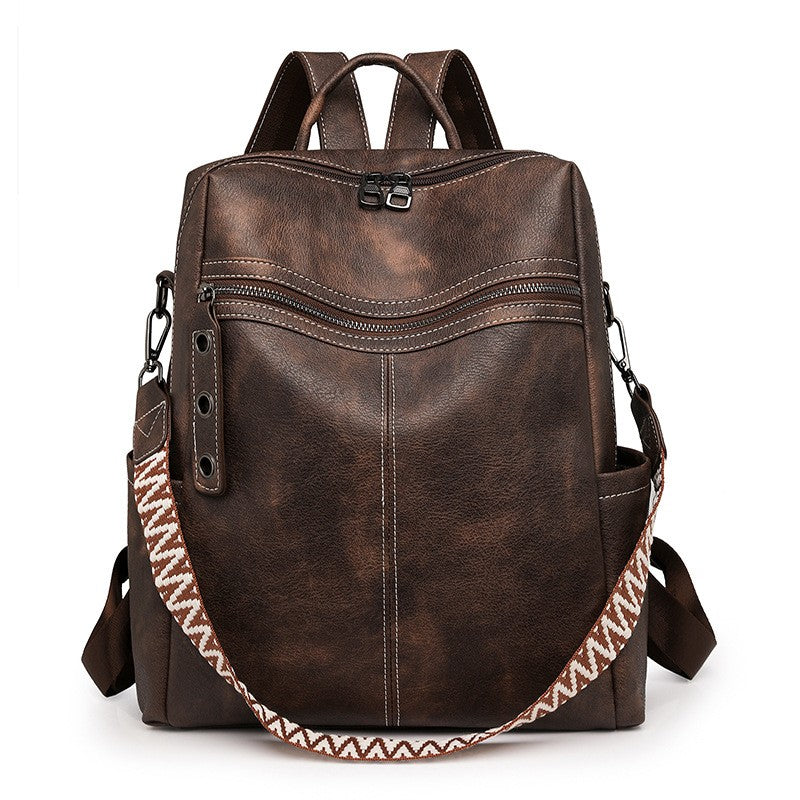Distressed Faux Leather Guitar Strap Backpack - Coffee Brown