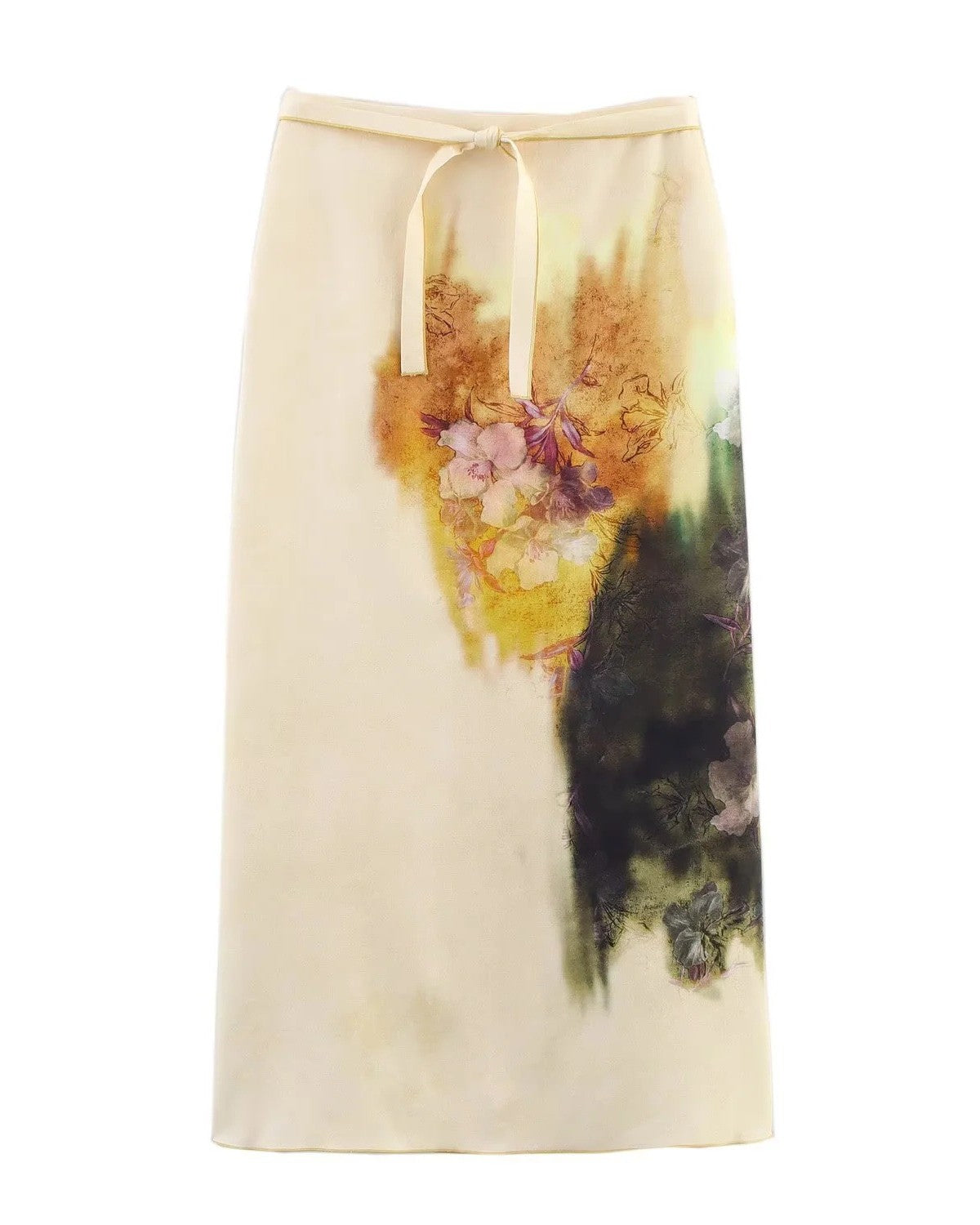 Watercolor Bloom Print Slit Midi Skirt - Color