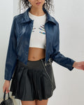 Cropped Faux Leather Zip Up Jacket - Blue