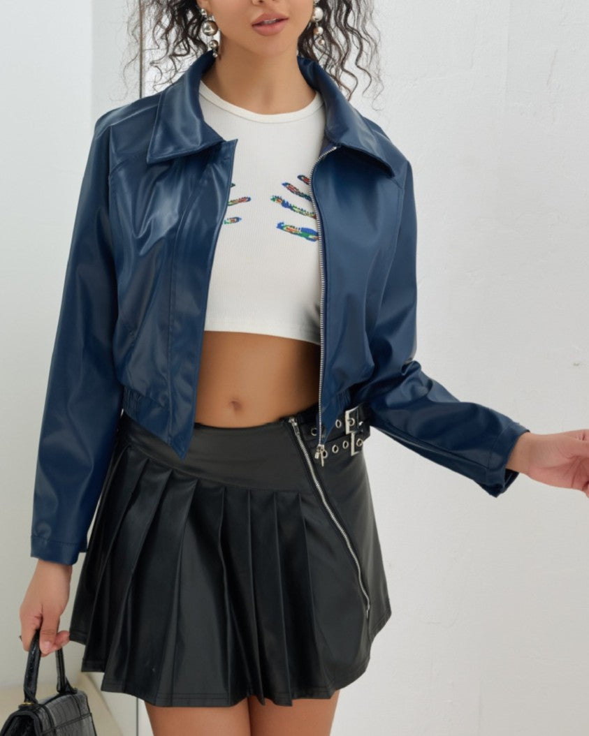 Cropped Faux Leather Zip Up Jacket - Blue