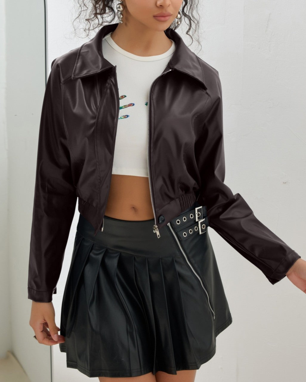 Cropped Faux Leather Zip Up Jacket - Brown