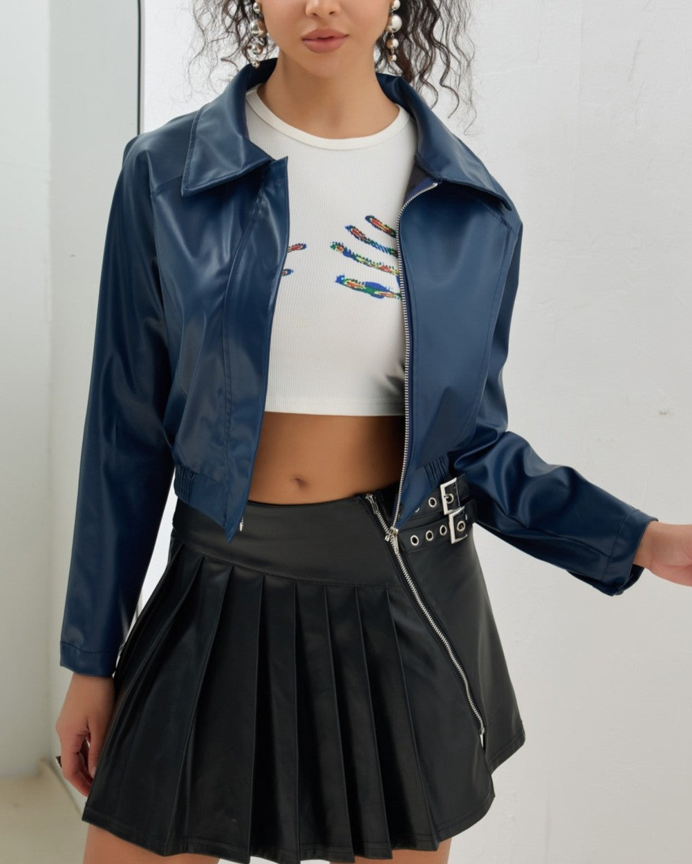 Cropped Faux Leather Zip Up Jacket - Brown - 1
