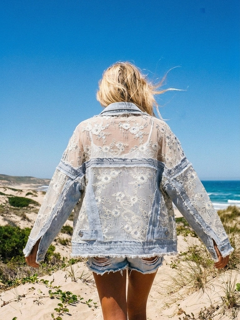Beaded Floral Sequin Lace Denim Jacket - Blue