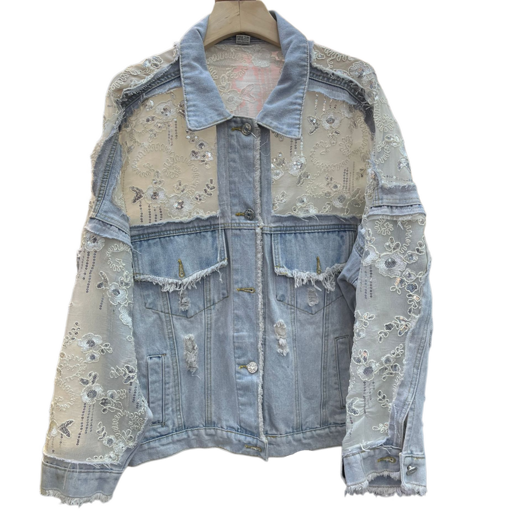 Beaded Floral Sequin Lace Denim Jacket - Blue - 1