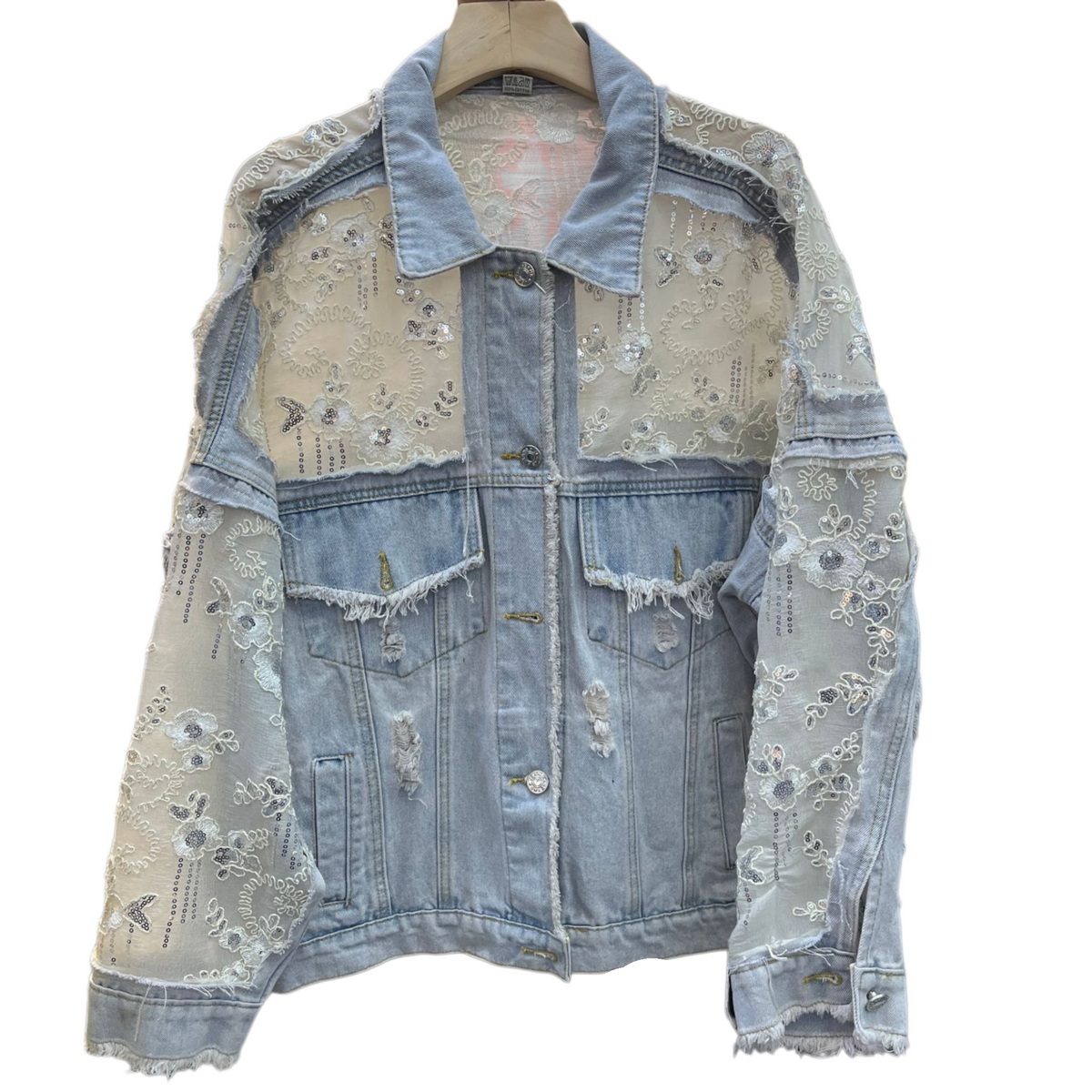 Beaded Floral Sequin Lace Denim Jacket - Blue - 1