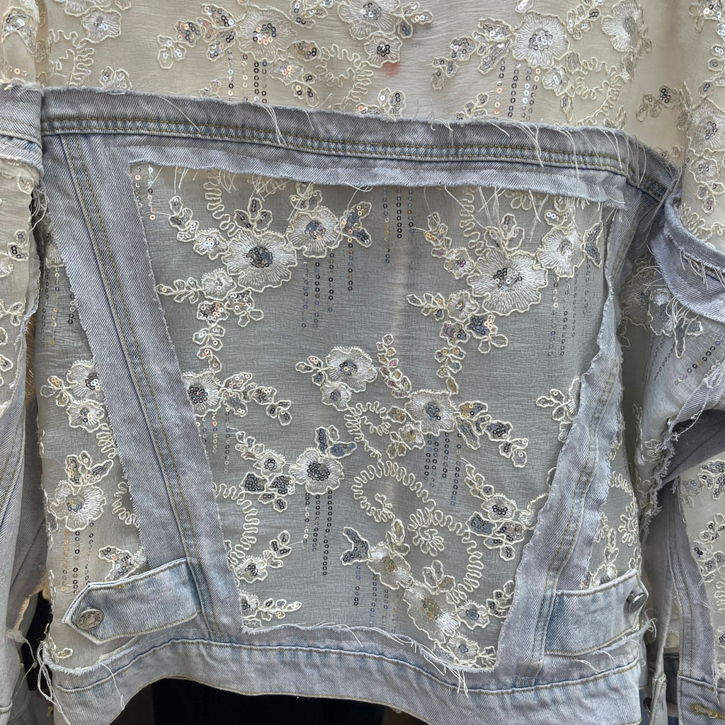 Beaded Floral Sequin Lace Denim Jacket - Blue - 10