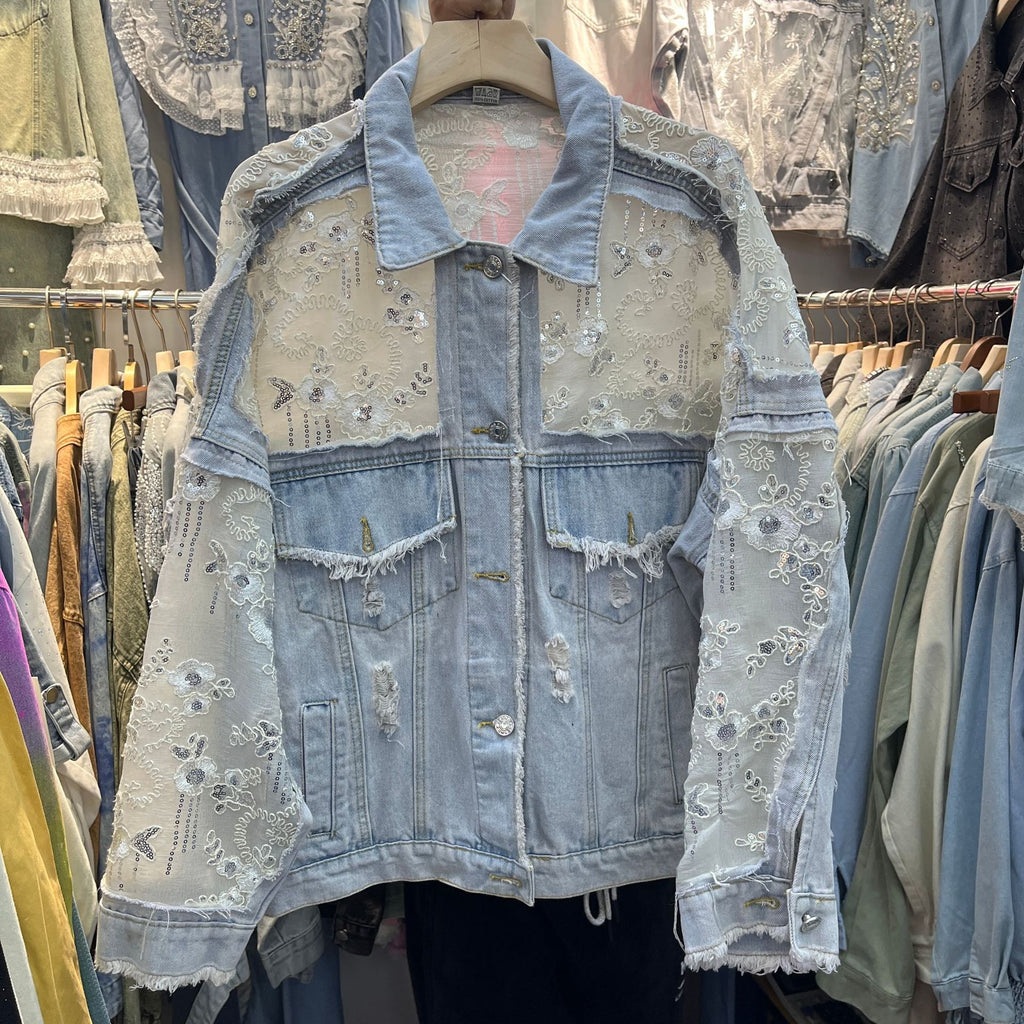 Beaded Floral Sequin Lace Denim Jacket - Blue - 11
