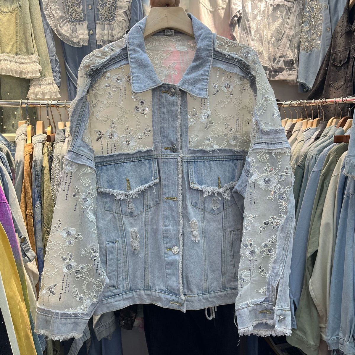 Beaded Floral Sequin Lace Denim Jacket - Blue - 2