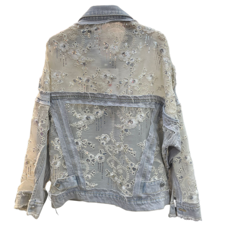 Beaded Floral Sequin Lace Denim Jacket - Blue - 3