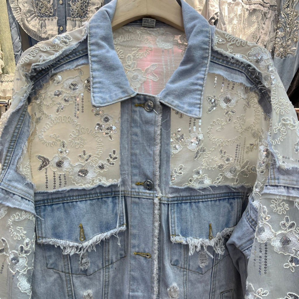Beaded Floral Sequin Lace Denim Jacket - Blue - 4