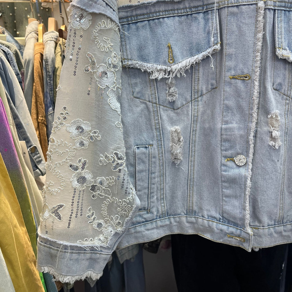 Beaded Floral Sequin Lace Denim Jacket - Blue - 5