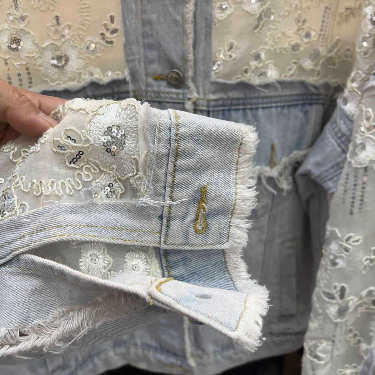 Beaded Floral Sequin Lace Denim Jacket - Blue - 6