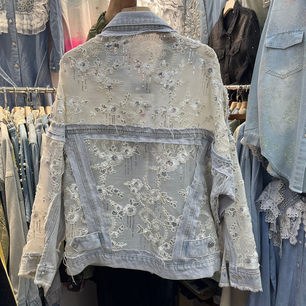 Beaded Floral Sequin Lace Denim Jacket - Blue - 7