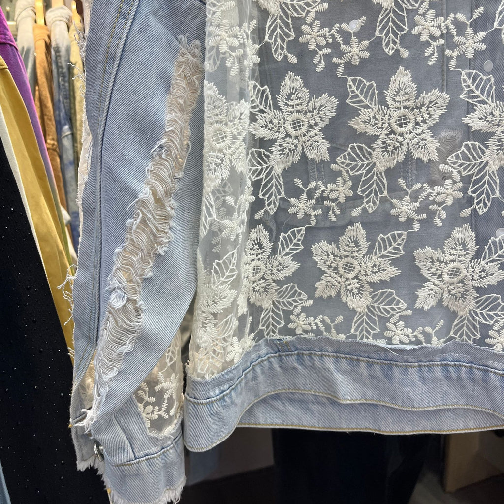 Beaded Floral Sequin Lace Denim Jacket - Blue - 8