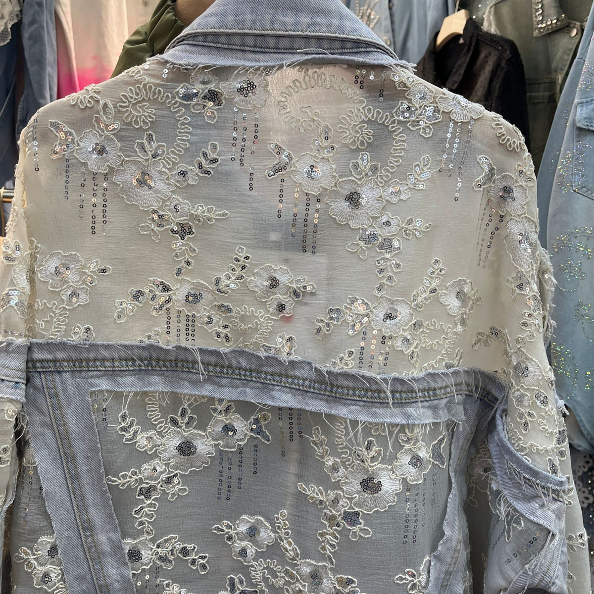Beaded Floral Sequin Lace Denim Jacket - Blue - 9