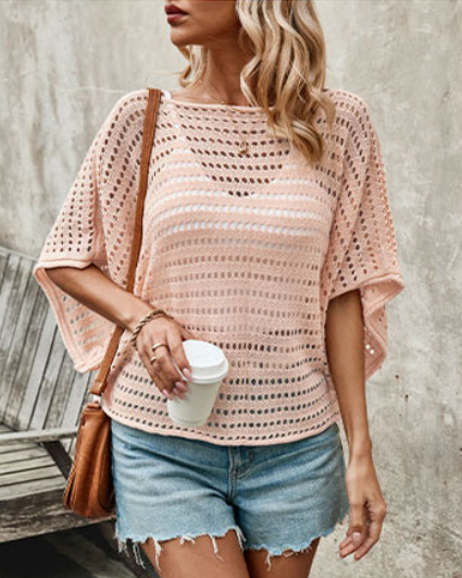 Open Knit Batwing Sleeve Sweater - Pink - 1
