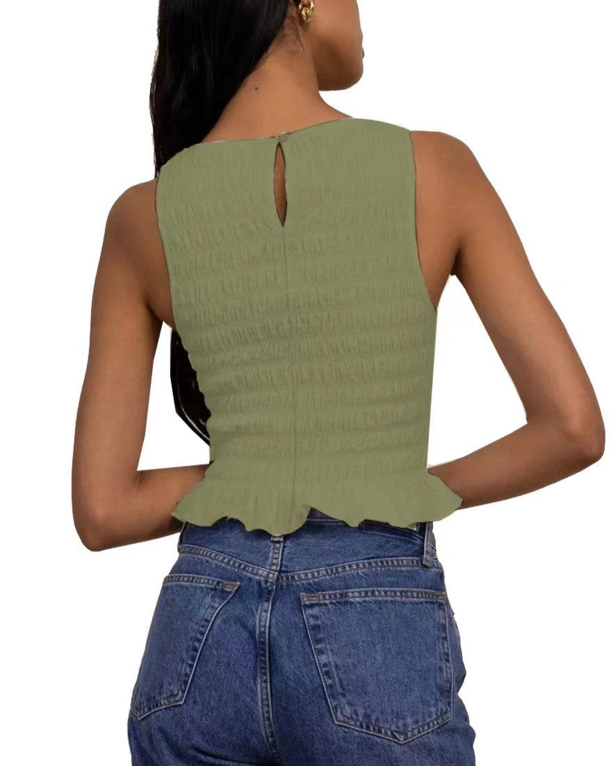 Sleeveless Shirred Ruffle Hem Crop Blouse - Green