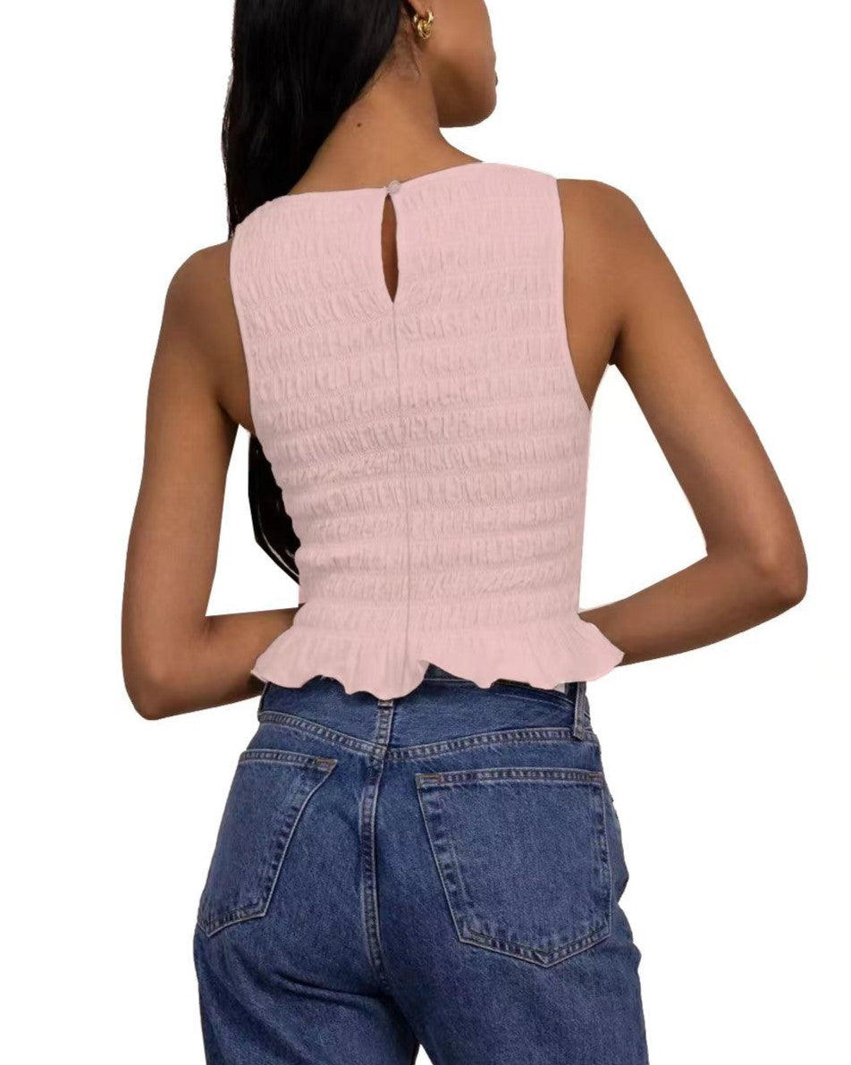 Sleeveless Shirred Ruffle Hem Crop Blouse - Pink