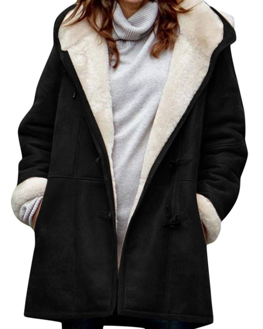 Sherpa Lined Toggle Hooded Longline Coat - Black