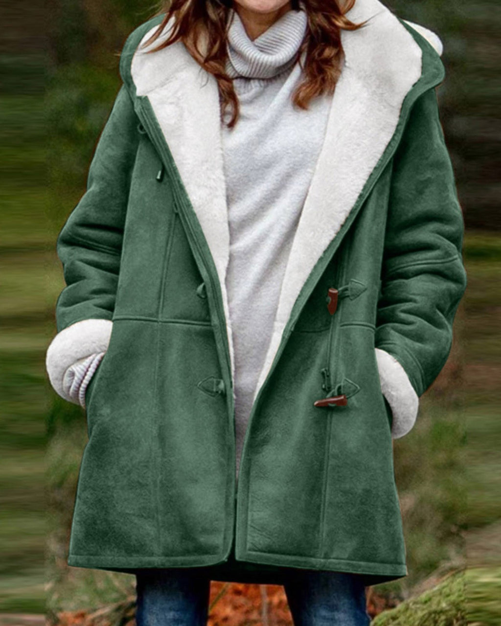Sherpa Lined Toggle Hooded Longline Coat - GrassGreen - 1