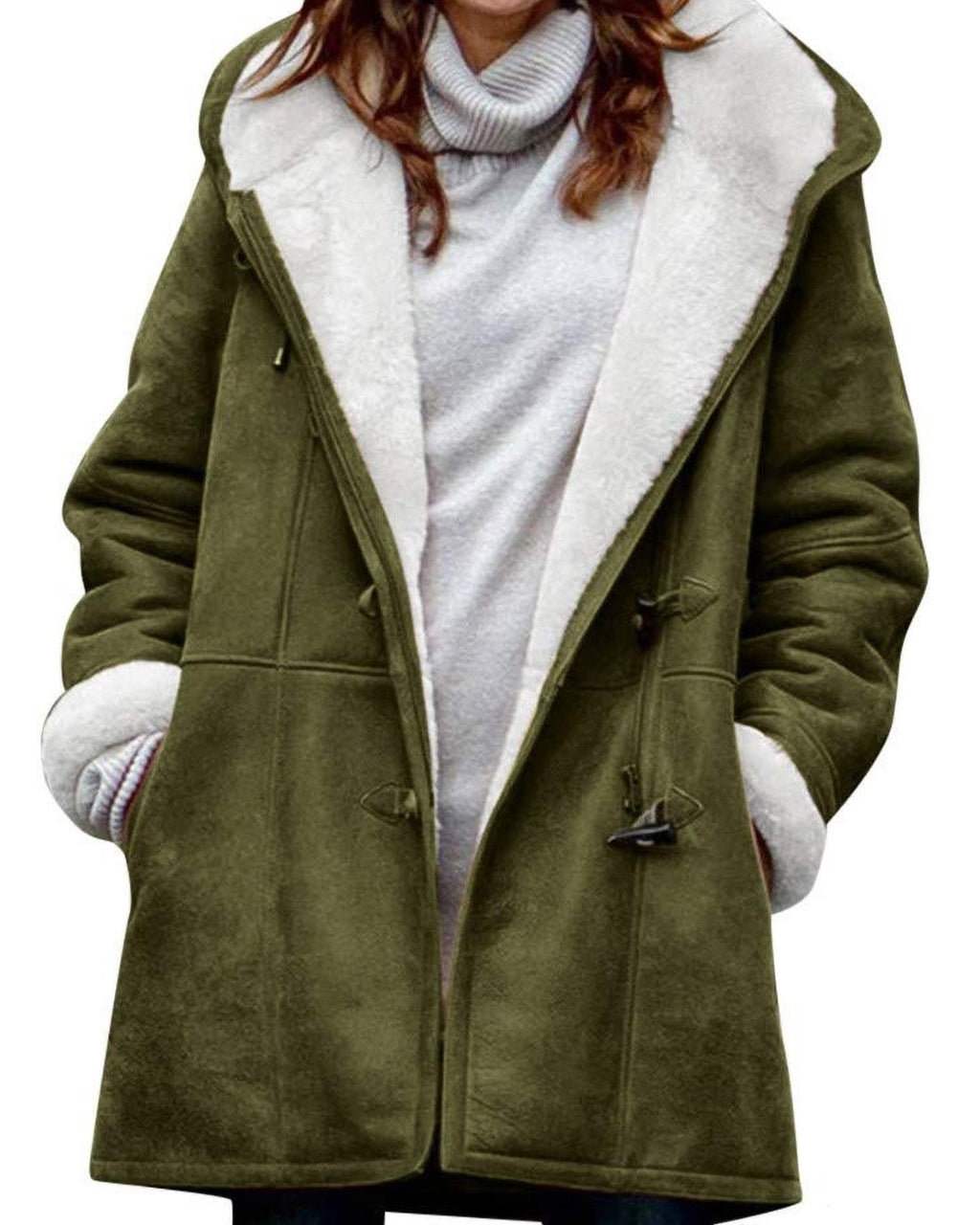 Sherpa Lined Toggle Hooded Longline Coat - Green