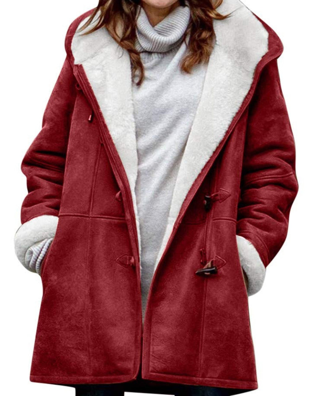 Sherpa Lined Toggle Hooded Longline Coat - Wine-Red