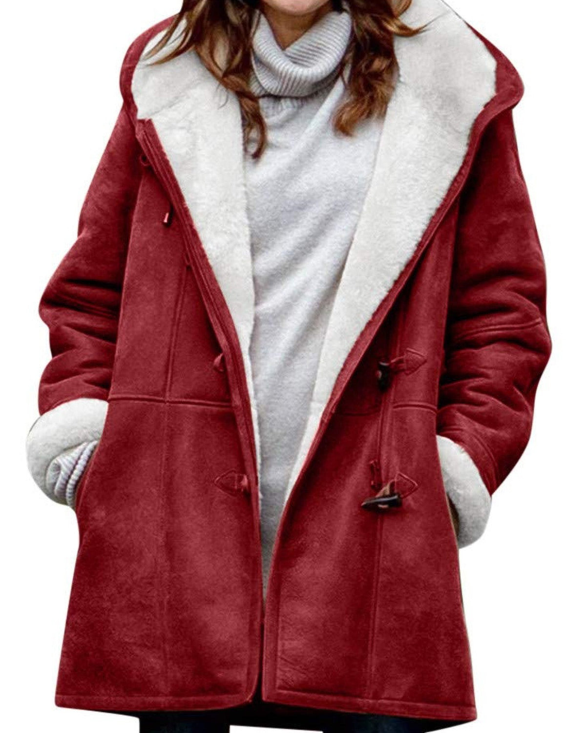 Sherpa Lined Toggle Hooded Longline Coat - Wine-Red
