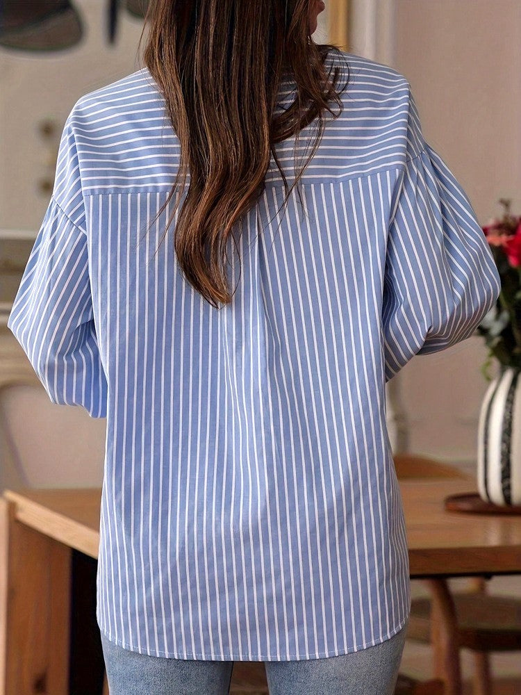 Striped Eyelet Lace Trim Oversized Shirt - Blue - 1