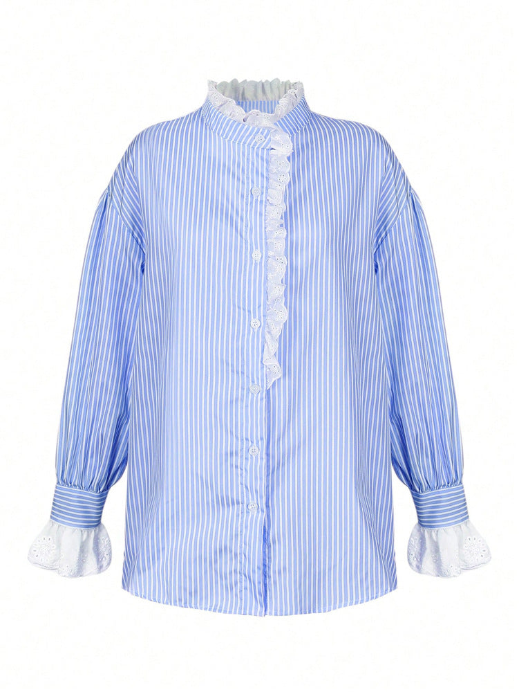 Striped Eyelet Lace Trim Oversized Shirt - Blue - 2