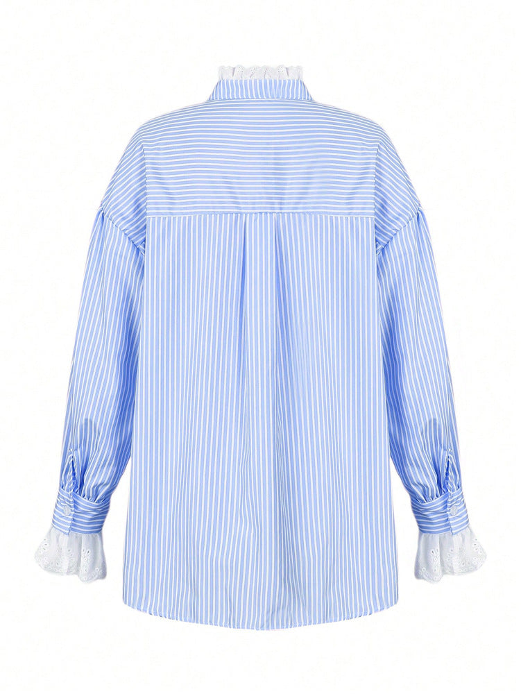 Striped Eyelet Lace Trim Oversized Shirt - Blue - 3