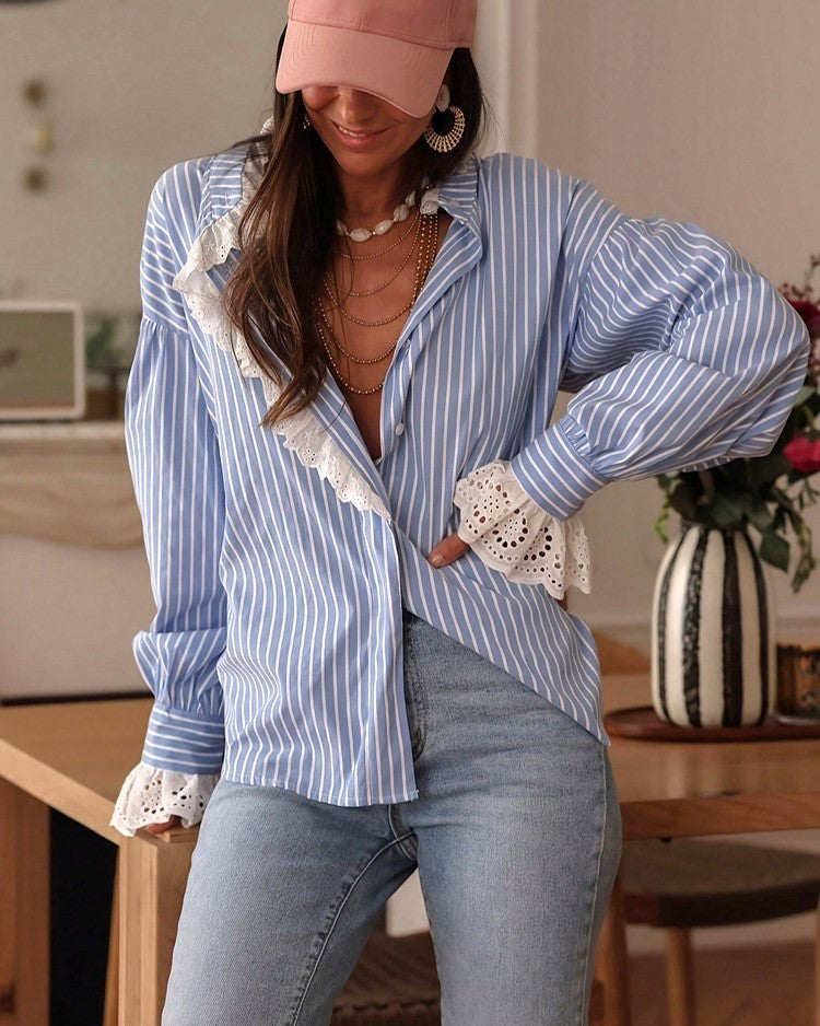 Striped Eyelet Lace Trim Oversized Shirt - Blue - 5