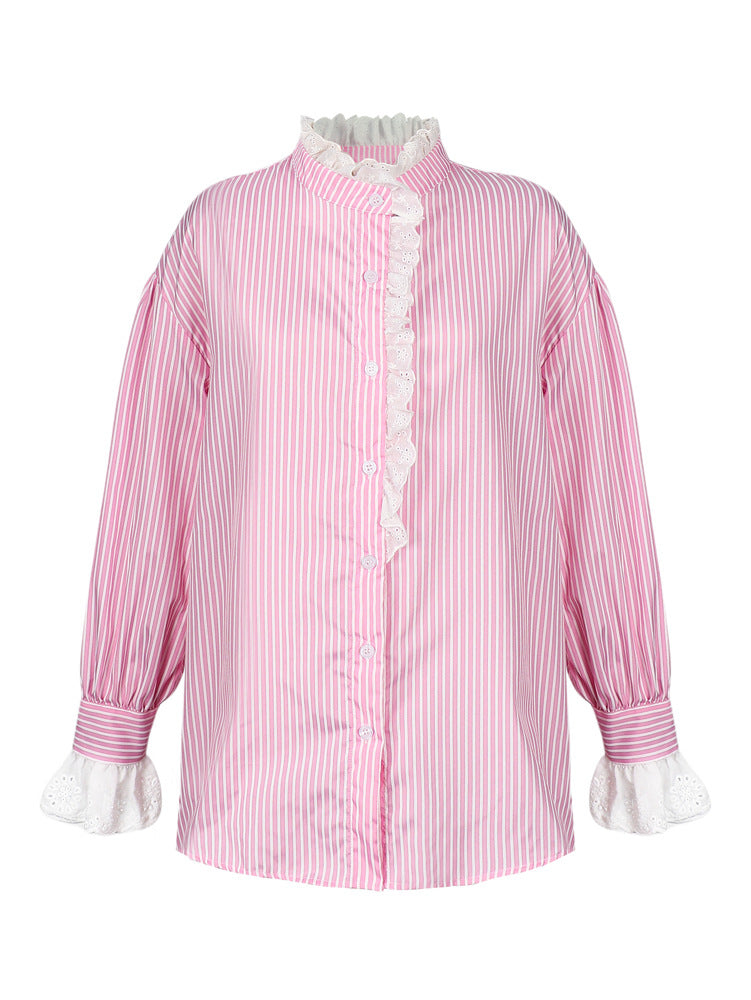Striped Eyelet Lace Trim Oversized Shirt - Pink - 3