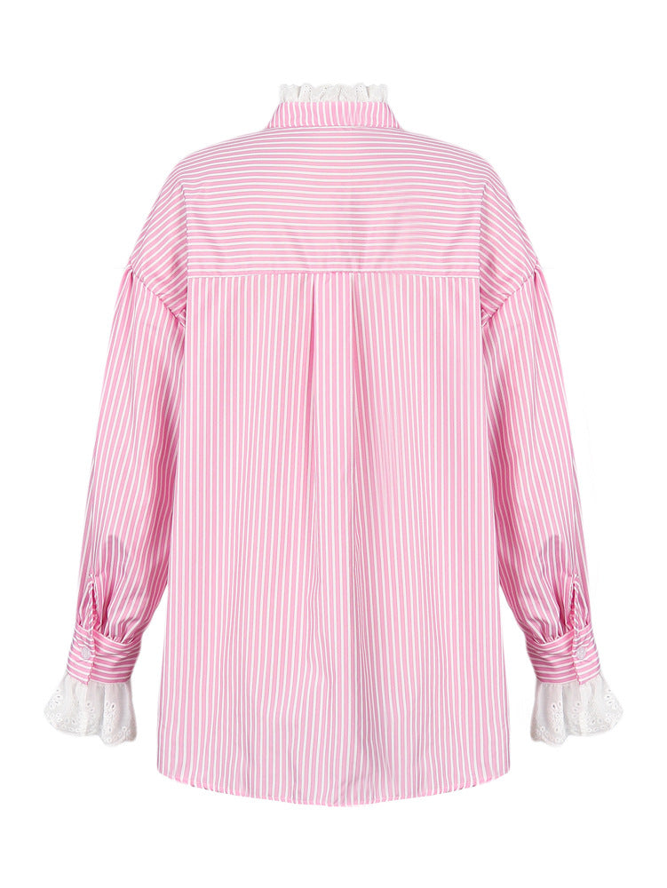 Striped Eyelet Lace Trim Oversized Shirt - Pink - 4