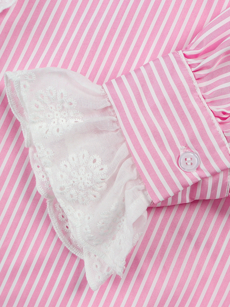 Striped Eyelet Lace Trim Oversized Shirt - Pink - 6