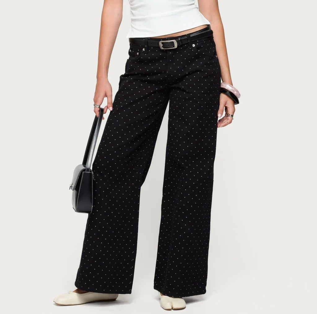 Dotted Print Loose Wide Leg Denim Jeans - Black