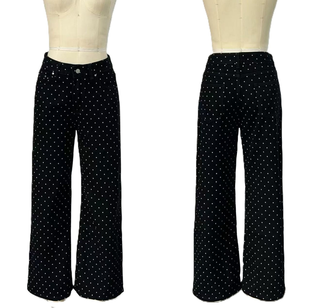 Dotted Print Loose Wide Leg Denim Jeans - Black - 1