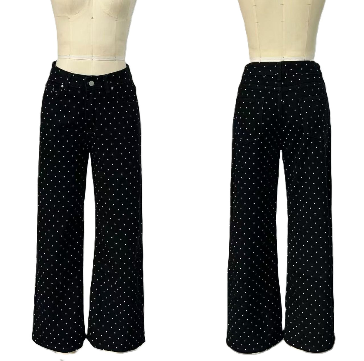 Dotted Print Loose Wide Leg Denim Jeans - Black - 1