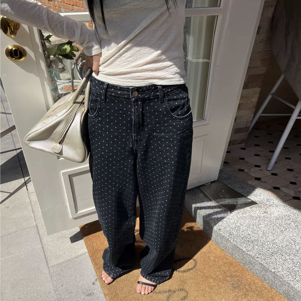 Dotted Print Loose Wide Leg Denim Jeans - Black - 2