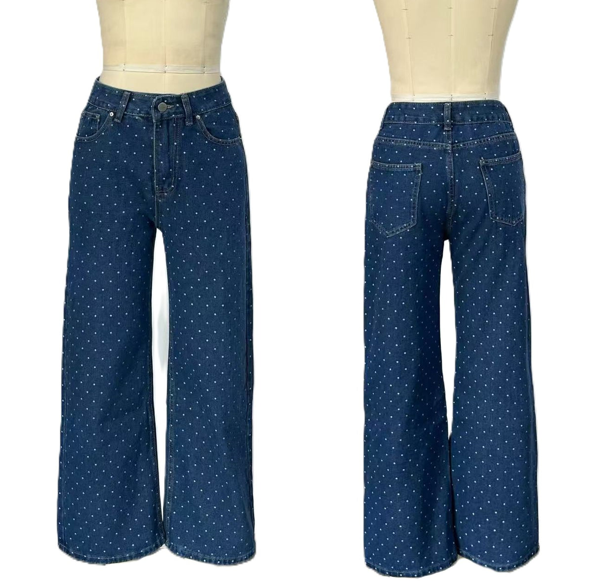 Dotted Print Loose Wide Leg Denim Jeans - Blue