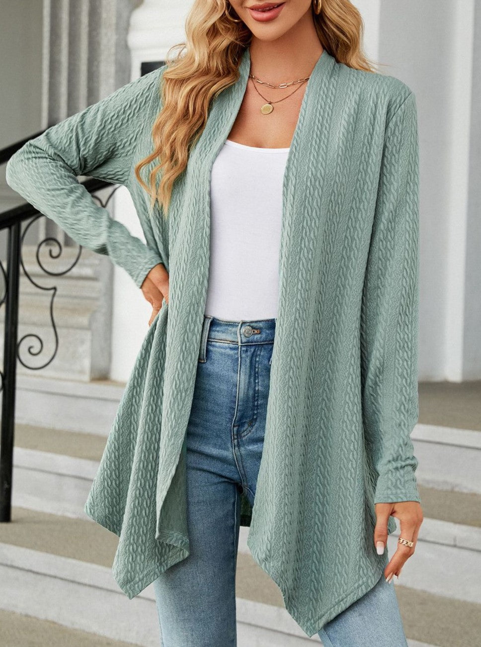 Asymmetric Hem Lightweight Open Front Cardigan - Green - 2