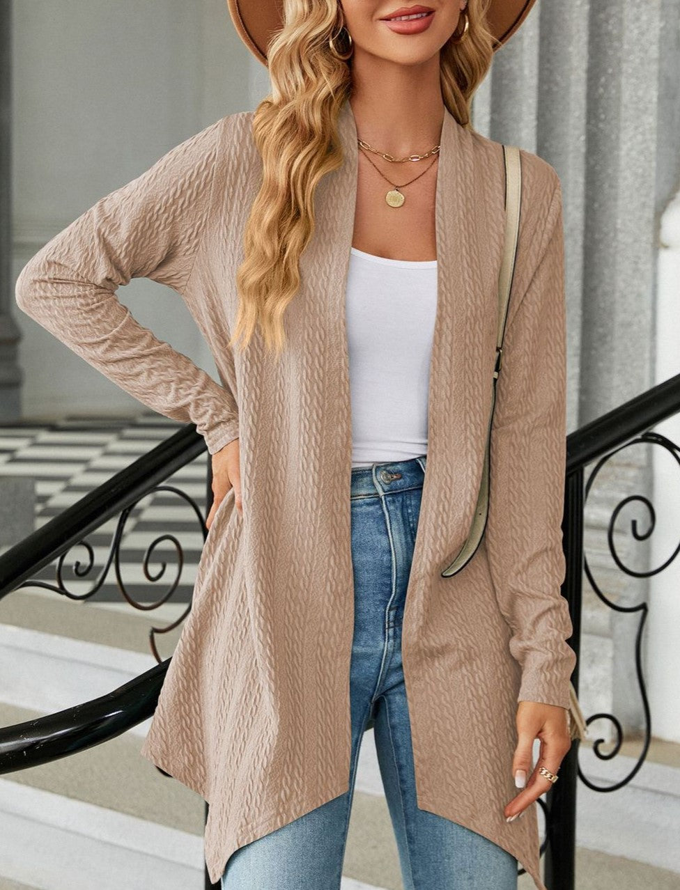 Asymmetric Hem Lightweight Open Front Cardigan - Khaki